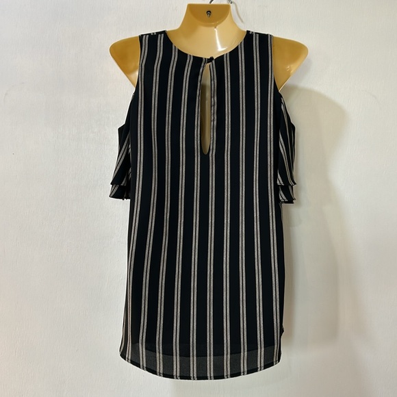 VERONICA M WOMENS TOP BLOUSE  BLACK & WHITE STRIPPED COLD SHOULDER SIZE SMALL - Picture 2 of 11